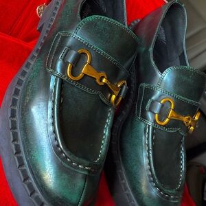 Green Leather Loafers with Gold Accent